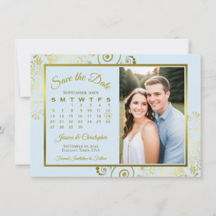 Elegantes Pulverblau- und Gold-Kalender-Foto-Hochz Save The Date