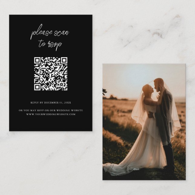Elegantes QR Code Foto Black Wedding RSVP Begleitkarte (Vorne/Hinten)