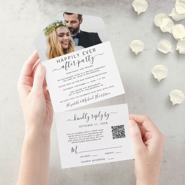 Elegantes QR Code Foto Hochzeitempfang All In One Einladung (An chic Happily Ever After Party all-in-one invitation for your wedding celebration)