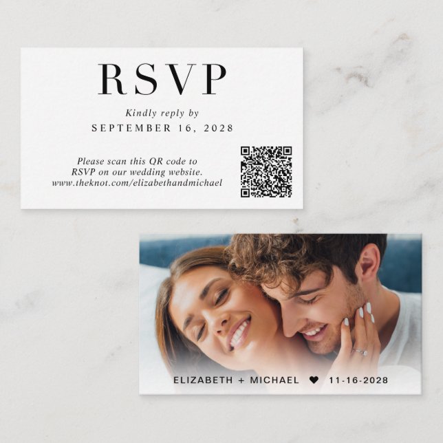 Elegantes QR Code Foto Wedding RSVP Begleitkarte (Vorne/Hinten)