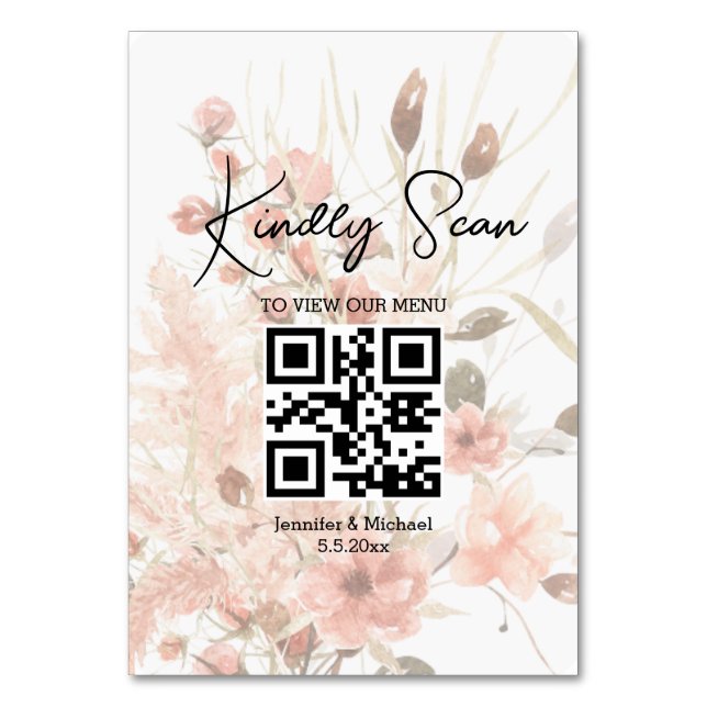 elegantes QR-Code-Hochzeitsmenü Botanical Boho Tischnummer (Vorderseite)