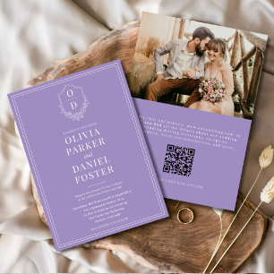 Elegantes QR Code Wappen Lilac Lila Foto Hochzeit Einladung