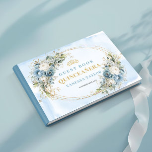Elegantes Quince-Gästebuch Boho Blau Gold Botanisc Gästebuch