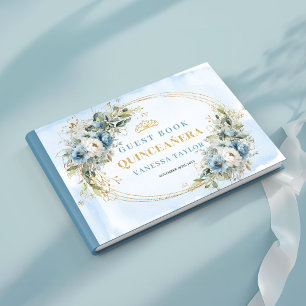Elegantes Quince-Gästebuch Boho Blau Gold Botanisc Gästebuch