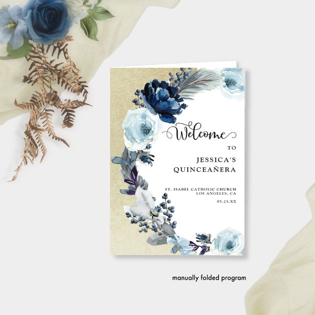 Elegantes Quinceañera Blue and Gold Floral Program (Von Creator hochgeladen)