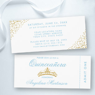 Elegantes Quinceanera Blue and Gold Ticket Einladung