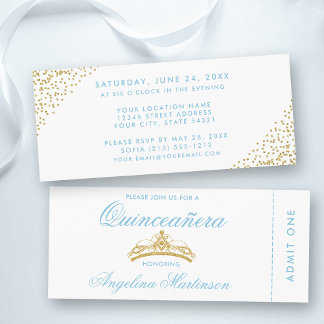 Elegantes Quinceanera Blue and Gold Ticket Einladung