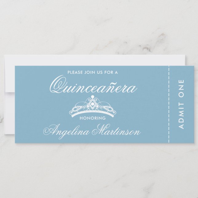 Elegantes Quinceanera Blue and White Ticket Einladung (Vorderseite)
