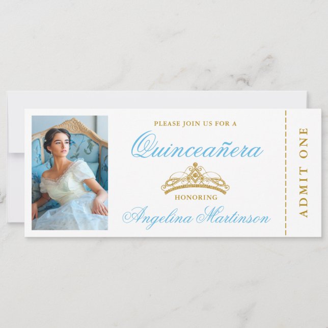 Elegantes Quinceanera Foto Blue and Gold Ticket Einladung (Vorderseite)