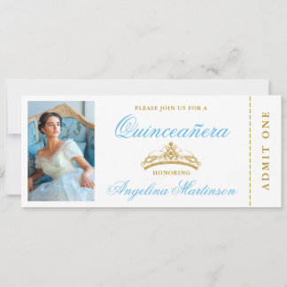 Elegantes Quinceanera Foto Blue and Gold Ticket Einladung