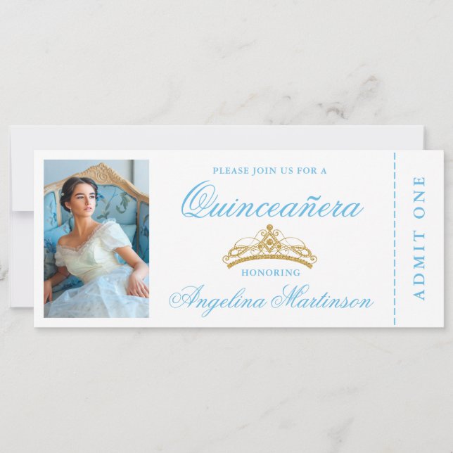Elegantes Quinceanera Foto Blue Gold Ticket Einladung (Vorderseite)