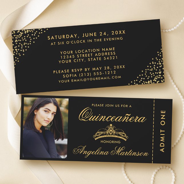 Elegantes Quinceanera Foto Gold und Black Ticket Einladung (Customize to change text style or text size.)