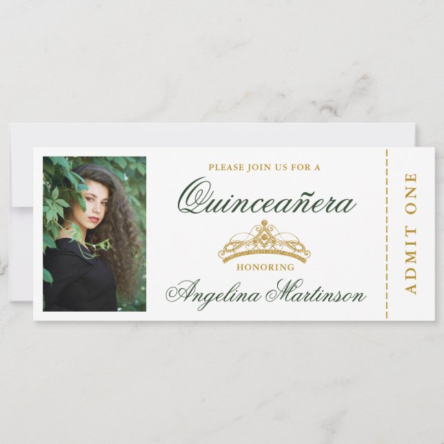 Elegantes Quinceanera Foto Green und Gold Ticket Einladung (Vorderseite)