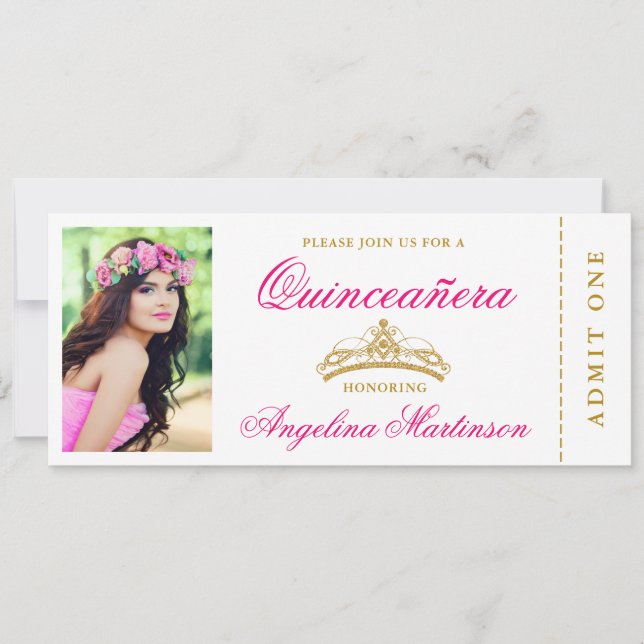 Elegantes Quinceanera Foto Hot Pink und Gold Ticke Einladung (Vorderseite)