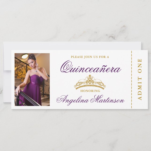 Elegantes Quinceanera Foto Lila und Gold Ticket Einladung (Vorderseite)