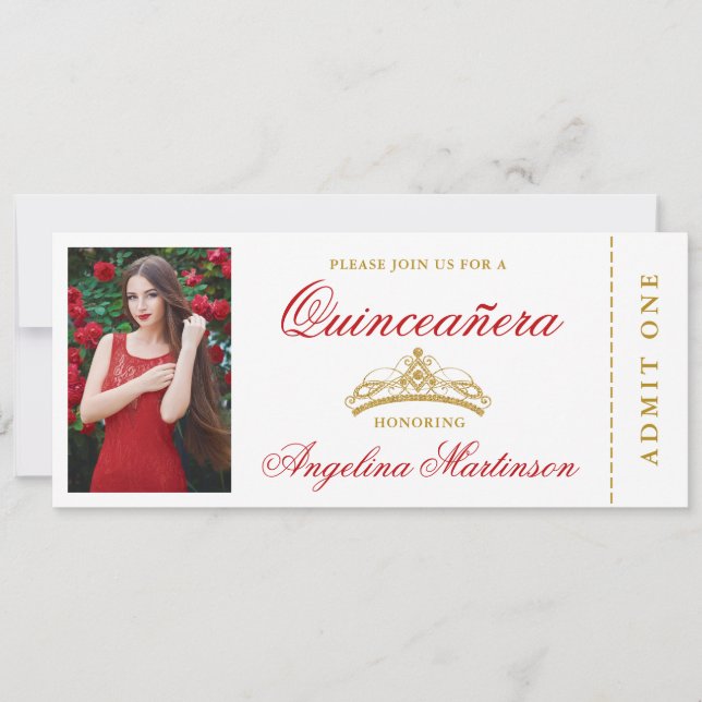 Elegantes Quinceanera Foto Rot und Gold Ticket Einladung (Vorderseite)