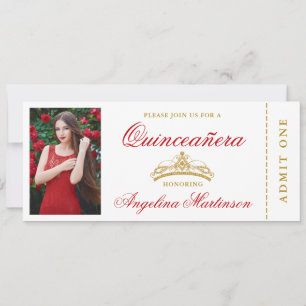 Elegantes Quinceanera Foto Rot und Gold Ticket Einladung