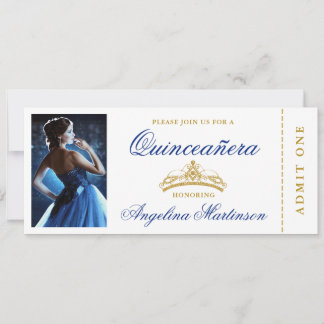 Elegantes Quinceanera Foto Royal Blue Gold Ticket Einladung