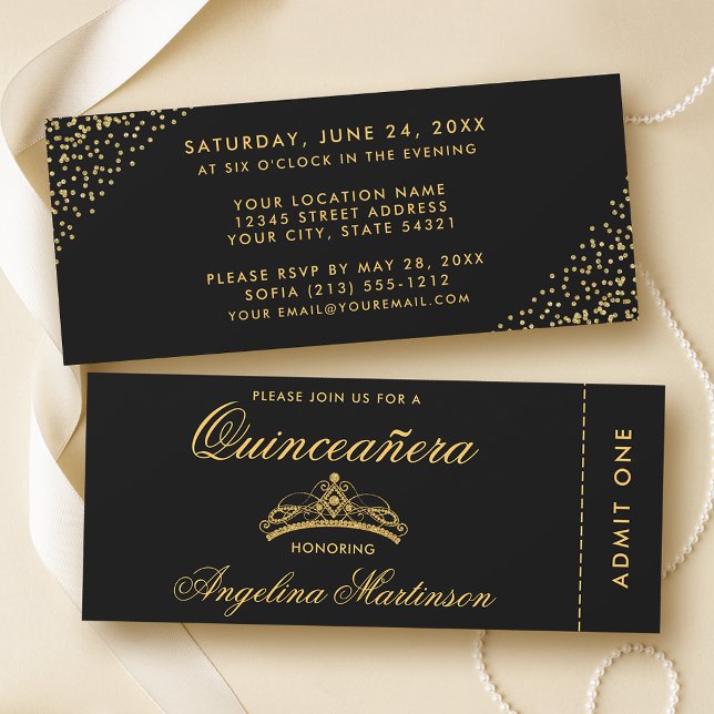 Elegantes Quinceanera Gold und Black Ticket Einladung (Customize to change text style or text size.)