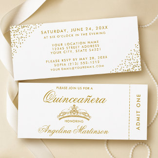 Elegantes Quinceanera Gold und White Ticket Einladung