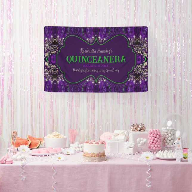 Elegantes Quinceanera Lila Green Glitzer Party Banner (Party)