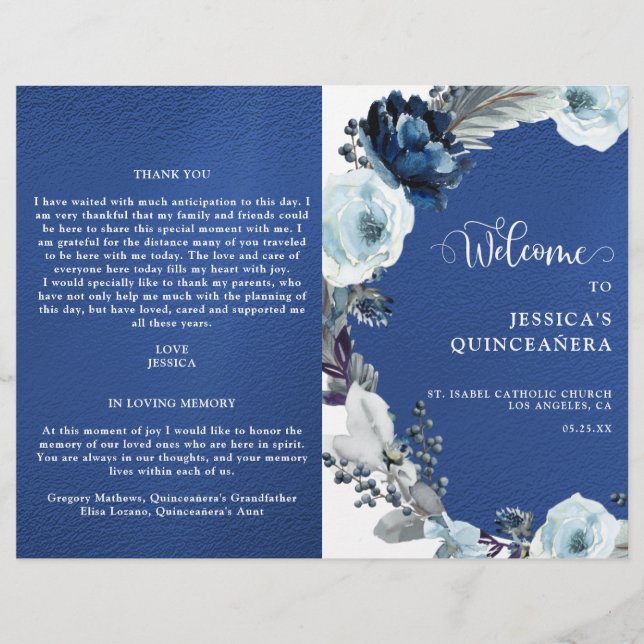 Elegantes Quinceañera Navy und Royal Blue Program (Vorderseite)