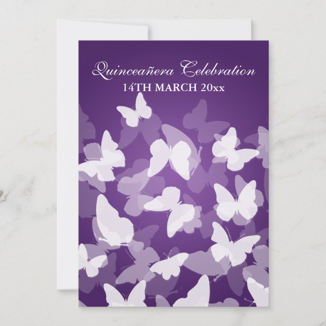 Elegantes Quinceañera Party Butterfliegen Lila Einladung (Vorderseite)
