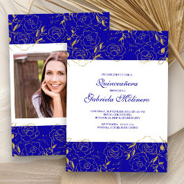 Elegantes Quinceanera Royal Blue Gold Floral Foto Einladung