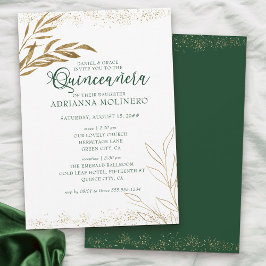 Elegantes Quinceanera und Mass Green und Gold Leaf Einladung