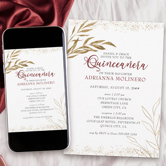 Elegantes Quinceanera und Mass Rot und Gold Leaf Einladung (Elegant invitation to Quinceanera & church blessing white, blue and gold - my Gold Leaf Collection)