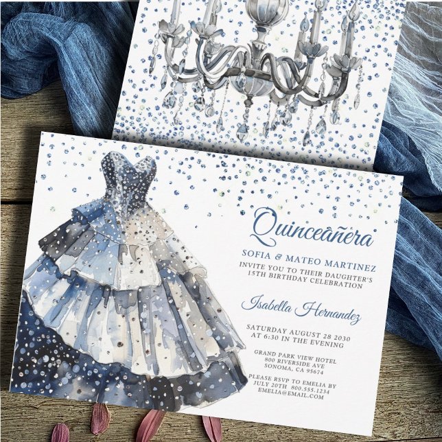 Elegantes Quineanera Glitzer Blue Gown Party Einladung (Von Creator hochgeladen)