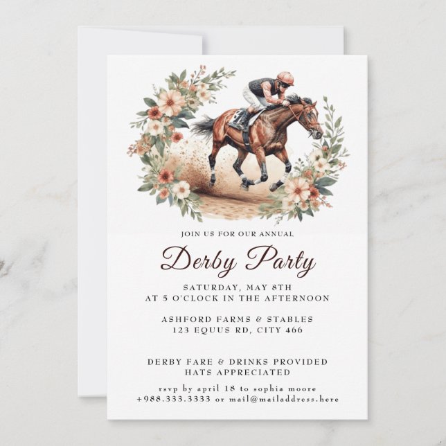 Elegantes Race Watercolor Wreath Derby Party Einladung (Vorderseite)