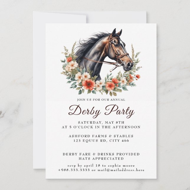 Elegantes Race Watercolor Wreath Derby Party Einladung (Vorderseite)