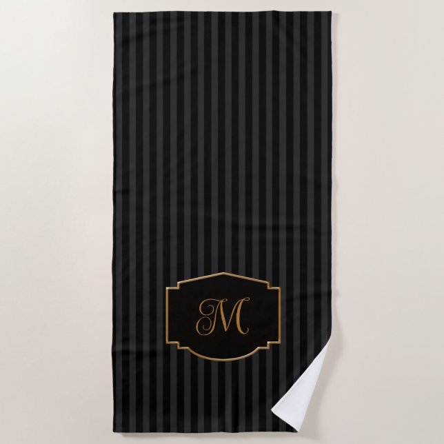 Elegantes, raffiniertes gestreiftes Monogramm Strandtuch (Vorderseite)