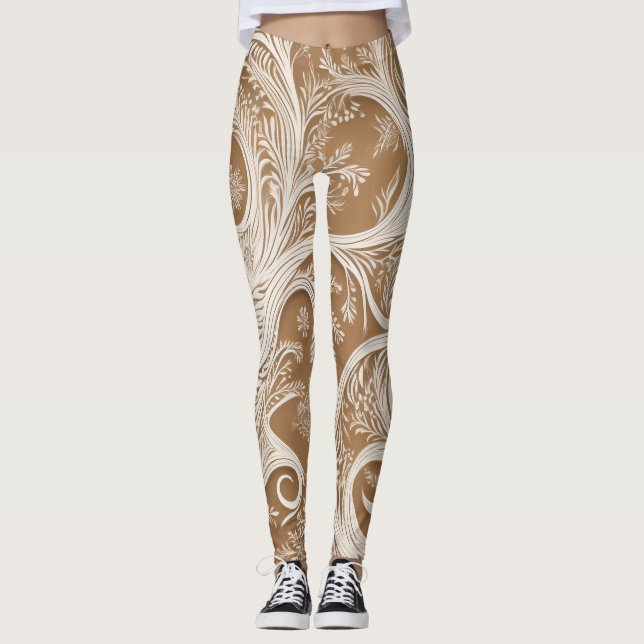 Elegantes, raffiniertes Weißdesign auf Tan-Legging Leggings (Vorderseite)