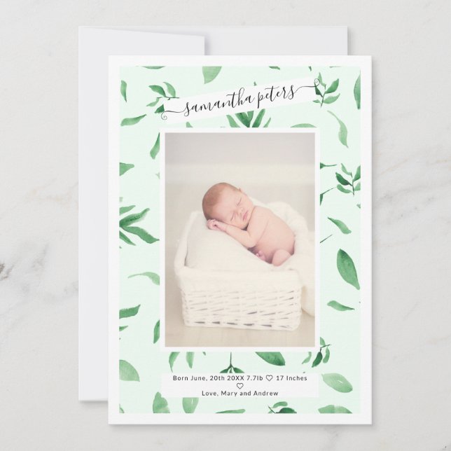 Elegantes Rahmenblatt Aquarell Foto Geburt Ankündigung (Vorderseite)