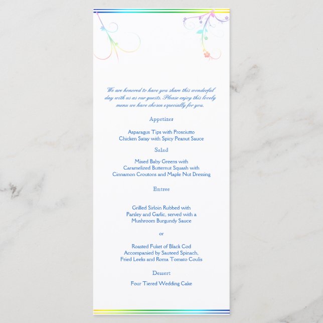Elegantes Rainbow Floral Gay Wedding Menu Menükarte (Vorderseite)