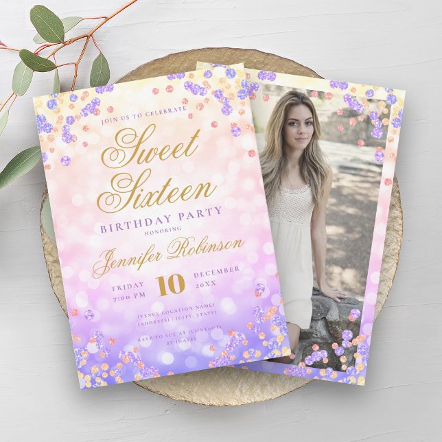 Elegantes Rainbow Lights & Confetti Foto Sweet 16 Einladung (Elegant Rainbow Lights & Confetti Photo Sweet 16 Invitation)