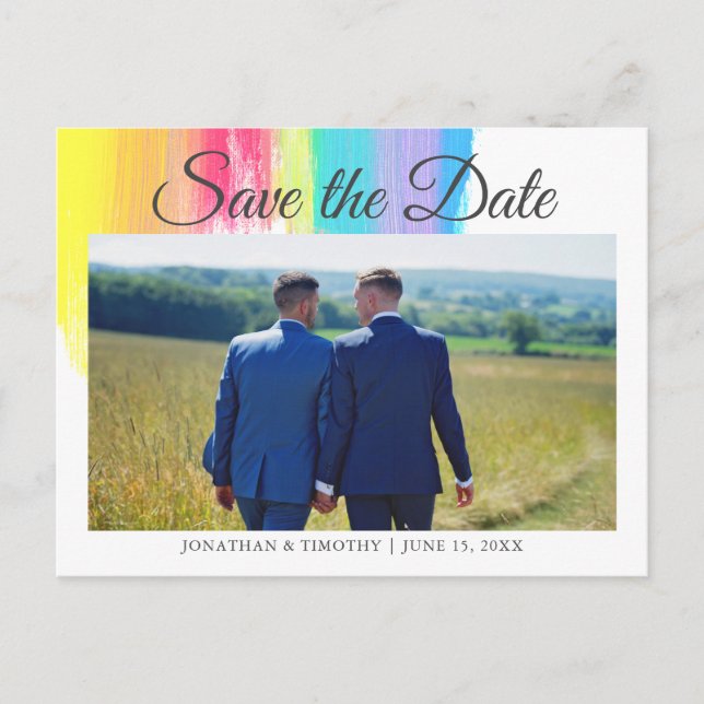 Elegantes Rainbow-Verlobung-Foto Save the Date Postkarte (Vorderseite)