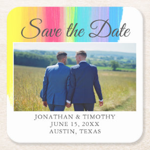 Elegantes Rainbow-Verlobung-Foto Save the Date Rechteckiger Pappuntersetzer