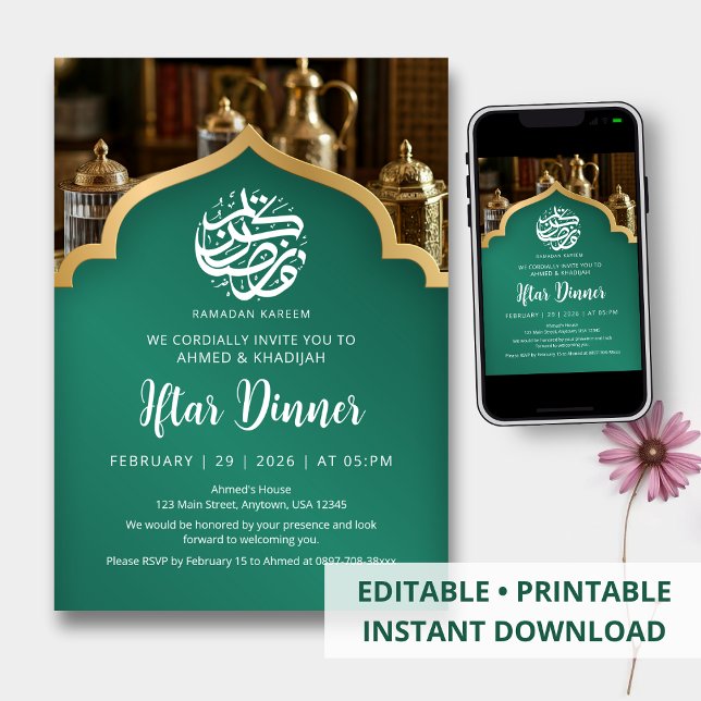 Elegantes Ramadan-Iftar-Dinner Grün-Gold-Bogen Einladung (Von Creator hochgeladen)