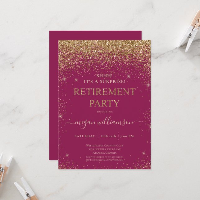 Elegantes Raspberry Gold Glitzer Retirement Party Einladung (Vorderseite/Rückseite Beispiel)