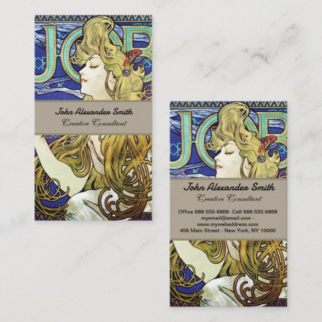 Elegantes Rauchen, Job von Alphonse Mucha Art Nouv Visitenkarte (Vorne/Hinten)