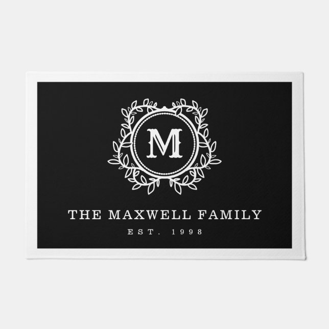 Elegantes Reben Schwarz-weiß Monogramm Fußmatte (Vorderseite)