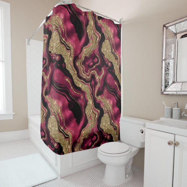 Elegantes Red and Gold Glitzer Agate Pattern Duschvorhang (Beispiel)