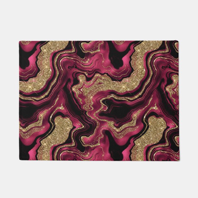 Elegantes Red and Gold Glitzer Agate Pattern Fußmatte (Vorderseite)