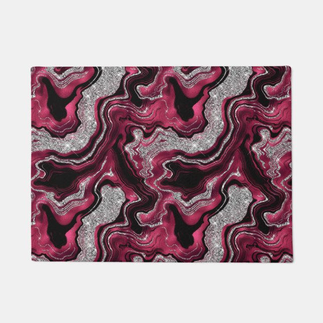 Elegantes Red and Silver Glitzer Agate Pattern Fußmatte (Vorderseite)