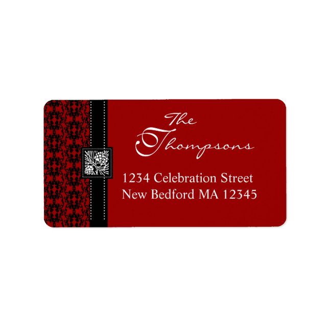 Elegantes Red & Black Damask Address Label Adressaufkleber (Vorne)