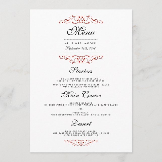 Elegantes Red Blüh Wedding Dinner Menü Menükarte (Vorderseite)