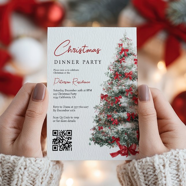 Elegantes Red Bows Christmas Tree QR Code Party Einladung (Elegant Red Bows Christmas Tree QR Code Party Invitation)